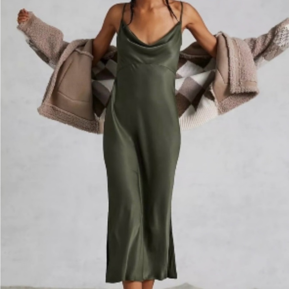 Anthropologie Green Bias Slip Midi Dress